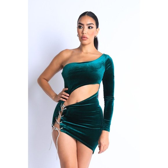 Women's Rhinestone Drawstring One Shoulder Dress Sexy Mini Party Club Dress - Picture 9 of 9